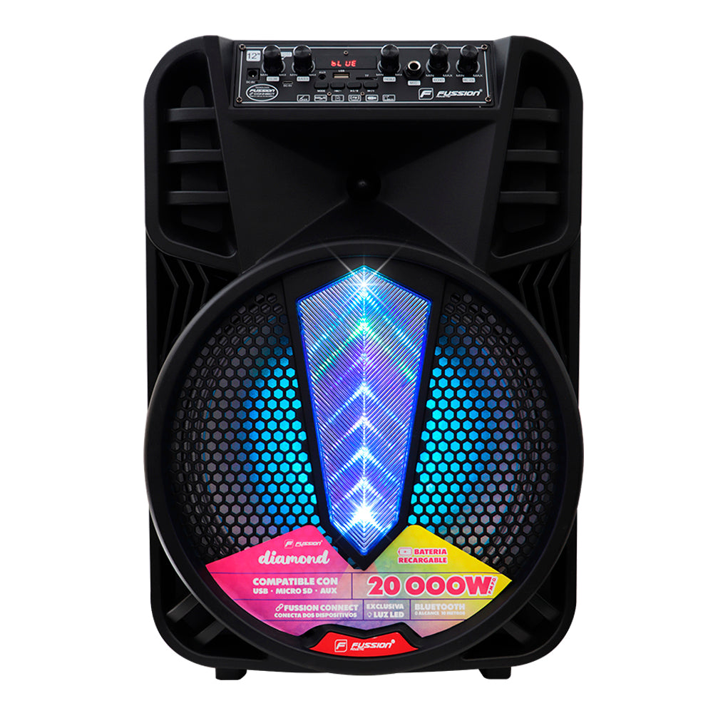 PBS-12011 DIAMOND BAFLE AMPLIFICADO 12" 20000 W PMPO TWS REC, BT, FM, USB, MSD, AUX 6.3MM DISCO LIGHT M